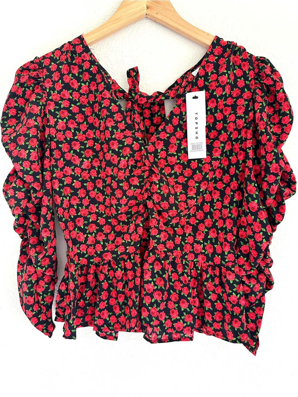 NWT Topshop Navy Red Rose Floral Ruched Puff Sleeve Peplum Blouse US 8